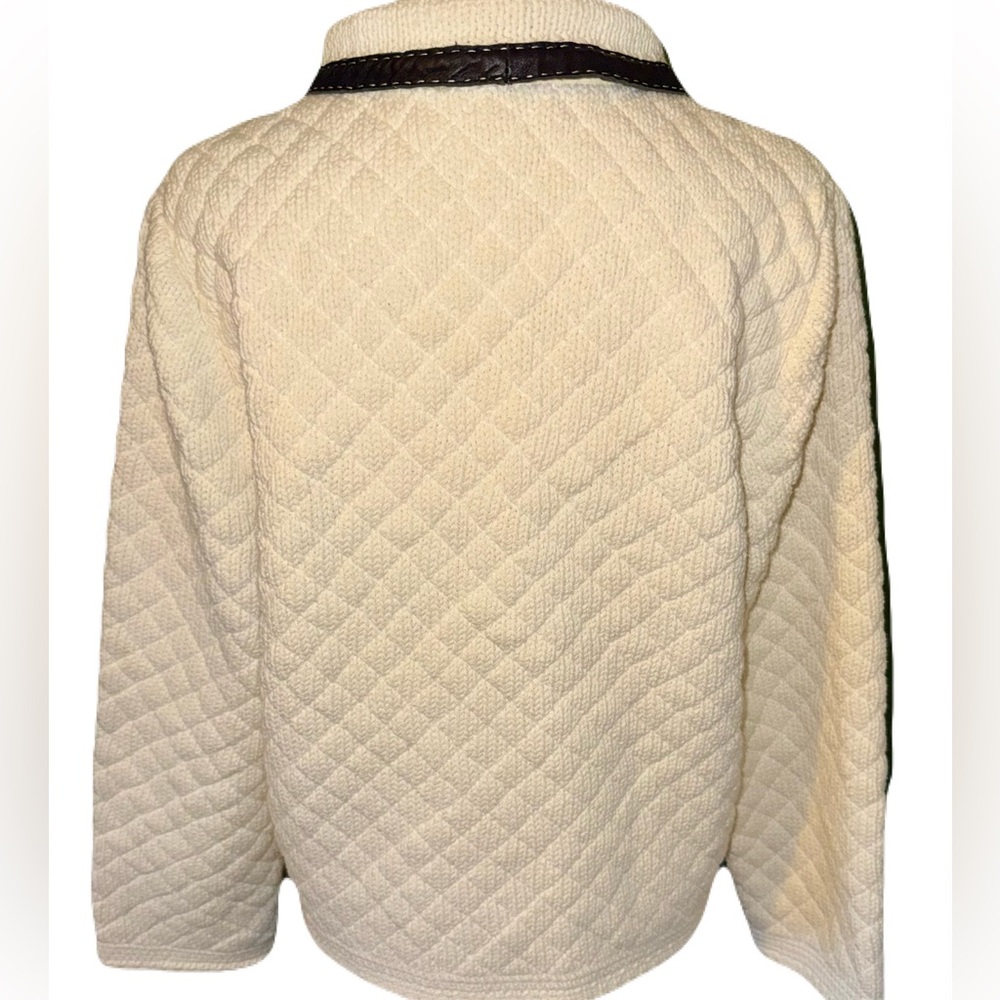 Vintage Doncaster Ivory Quilted Lined Sweater Jacket with Black Leather Trim - Picture 10 of 15